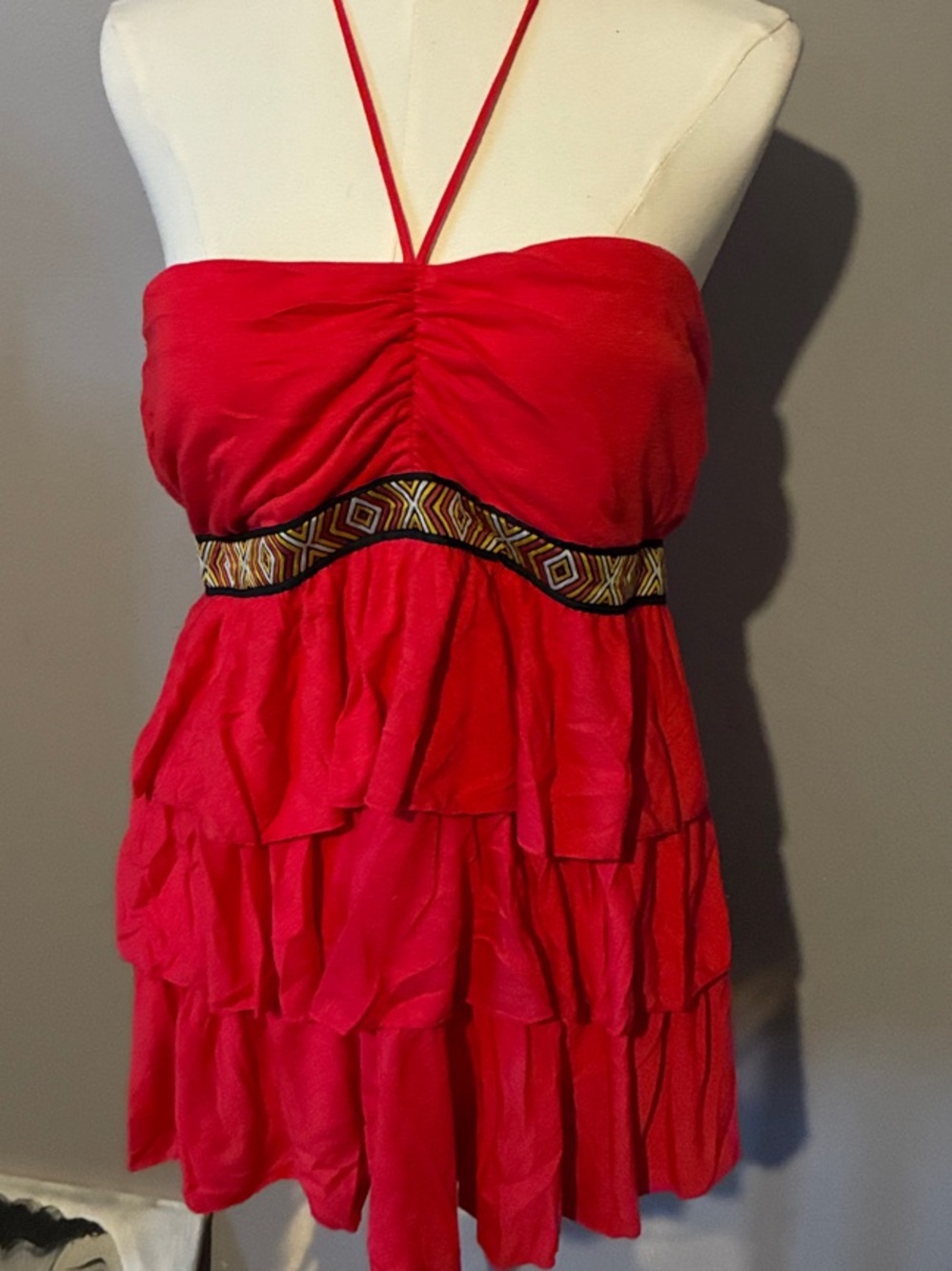 No Boundaries Red Halter Ruffled Tank with Patterned Waistband